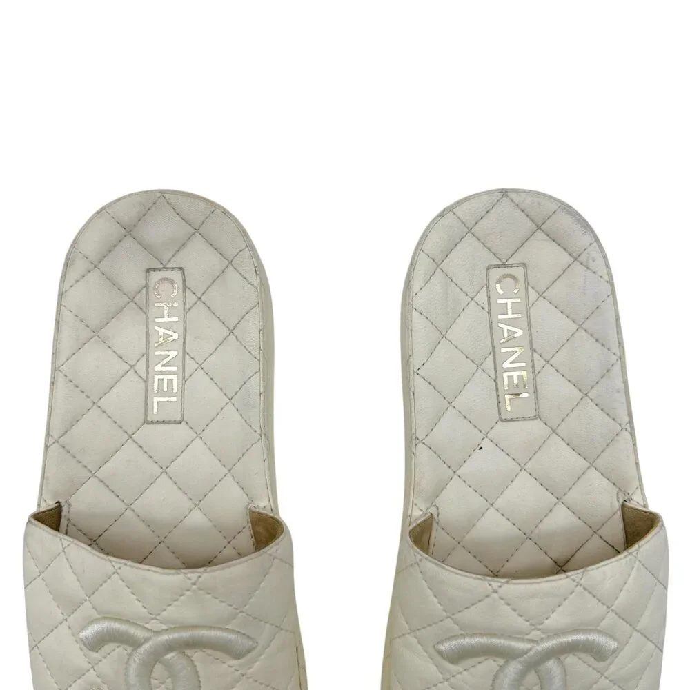 Chanel Ivory CC Logo Matelasse Quilted Slide Sandals